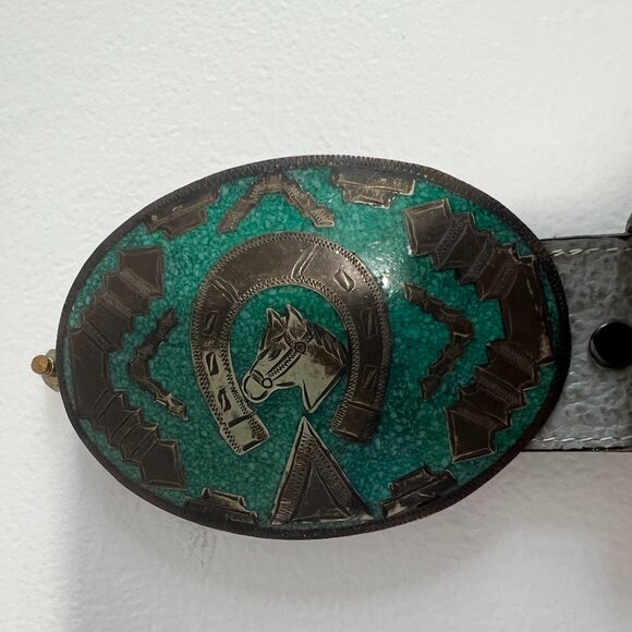 Tony Lama Accessories - Vintage Al Paca belt buckle w/Vintage Tony Lama Belt Crushed turquoise inlay